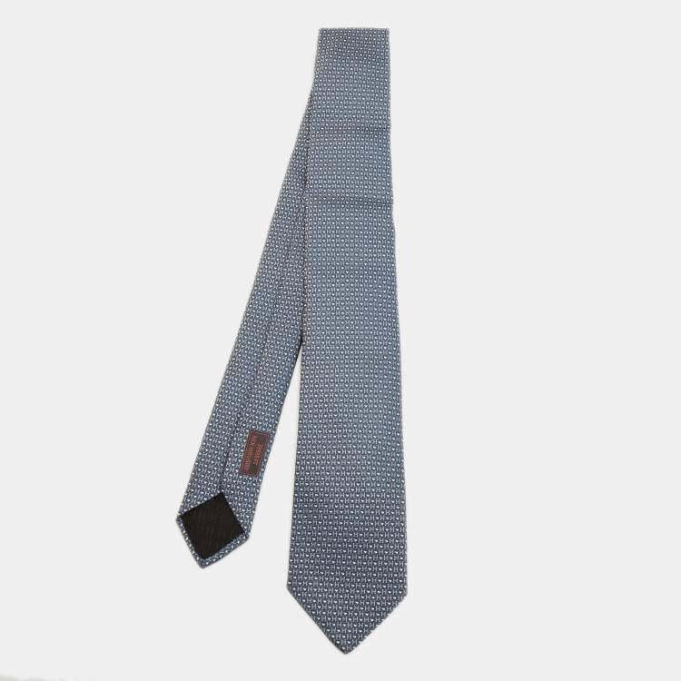 Pre Owned Hermes Blue Heart Patterned Silk Skinny Tie