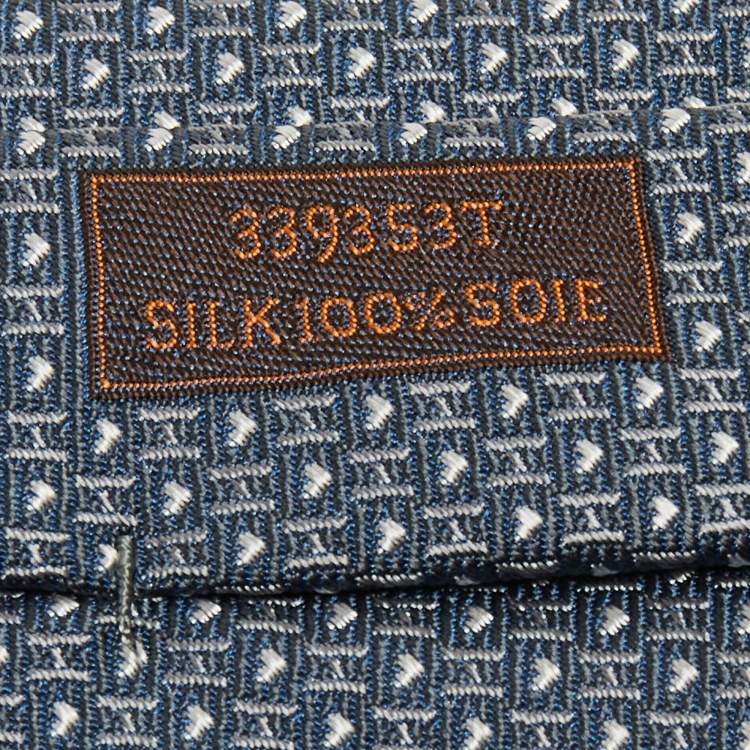 Pre Owned Hermes Blue Heart Patterned Silk Skinny Tie