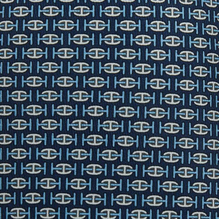 Pre Owned Hermes Navy Blue Printed Silk Skinny Tie