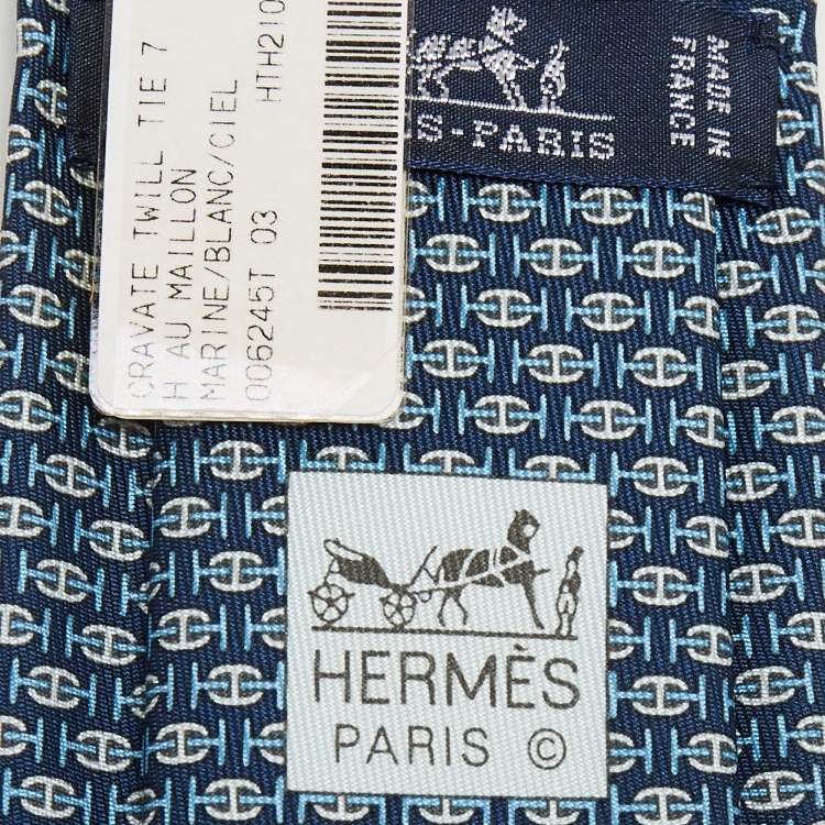 Pre Owned Hermes Navy Blue Printed Silk Skinny Tie