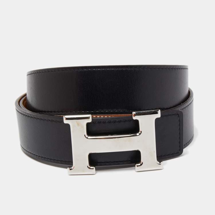 Pre Owned Hermes Gold/Black Chamonix and Togo Leather H Buckle Reversible Belt 90CM
