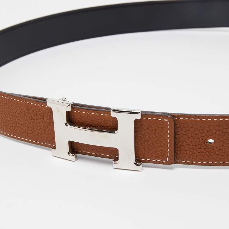 Pre Owned Hermes Gold/Black Chamonix and Togo Leather H Buckle Reversible Belt 90CM