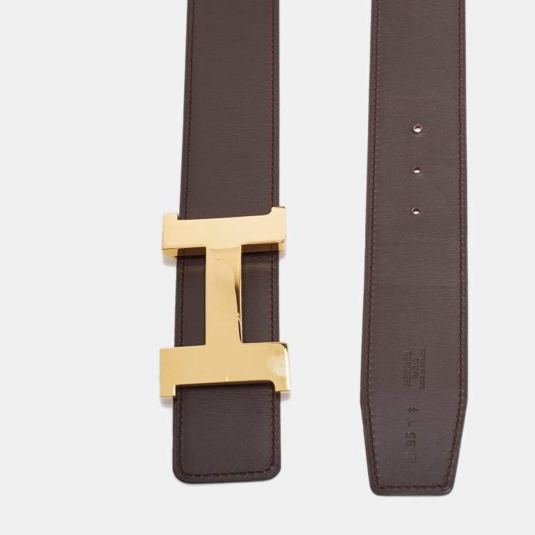 Pre Owned Hermes Chocolat/Rouge Sift and Epsom Leather Constance Reversible Belt 95 CM