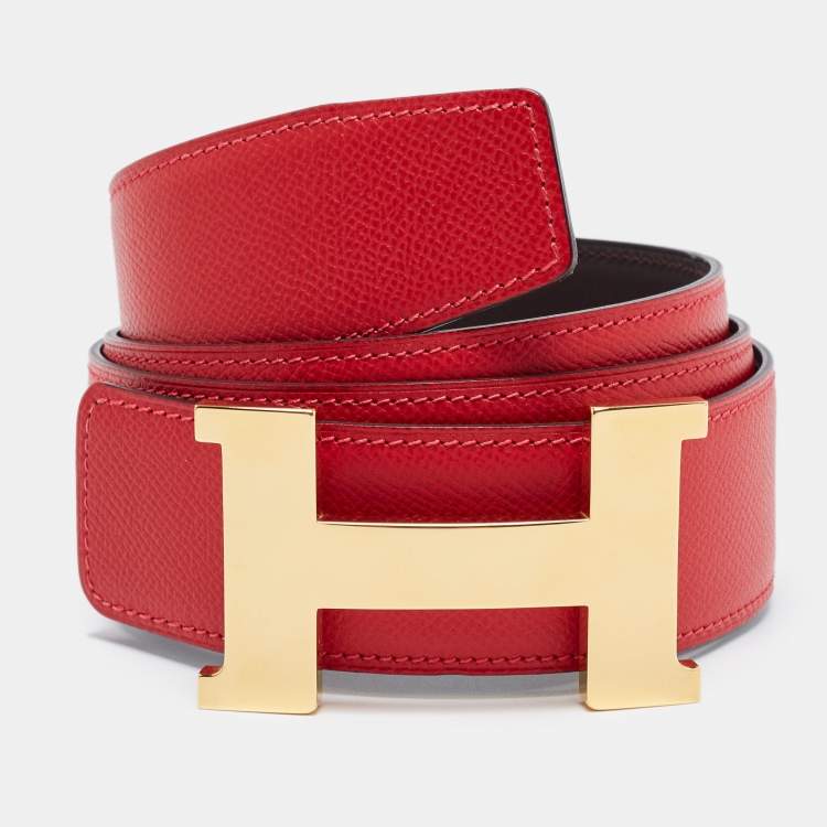 Pre Owned Hermes Chocolat/Rouge Sift and Epsom Leather Constance Reversible Belt 95 CM
