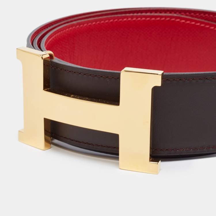 Pre Owned Hermes Chocolat/Rouge Sift and Epsom Leather Constance Reversible Belt 95 CM