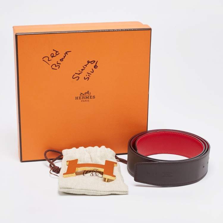 Pre Owned Hermes Chocolat/Rouge Sift and Epsom Leather Constance Reversible Belt 95 CM