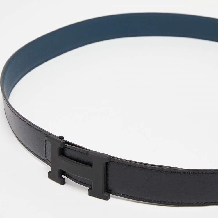 Pre Owned Hermes Black/Bleu de Prusse Chamonix and Togo Leather H Buckle Belt 110CM