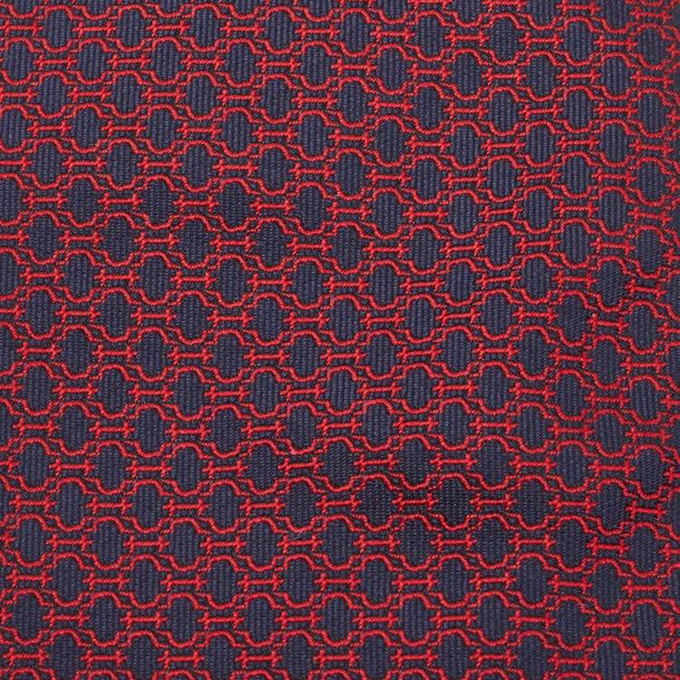 Pre Owned Hermes Navy Blue/Red Horsebit Patterned Silk Traditional Tie
