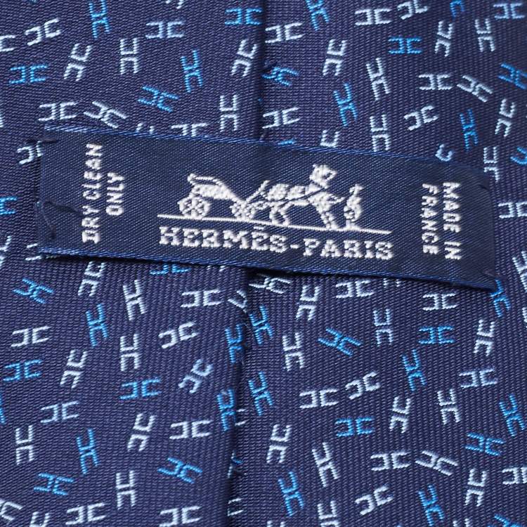 Pre Owned Hermes Navy Blue All-Over Patterned Silk Tie