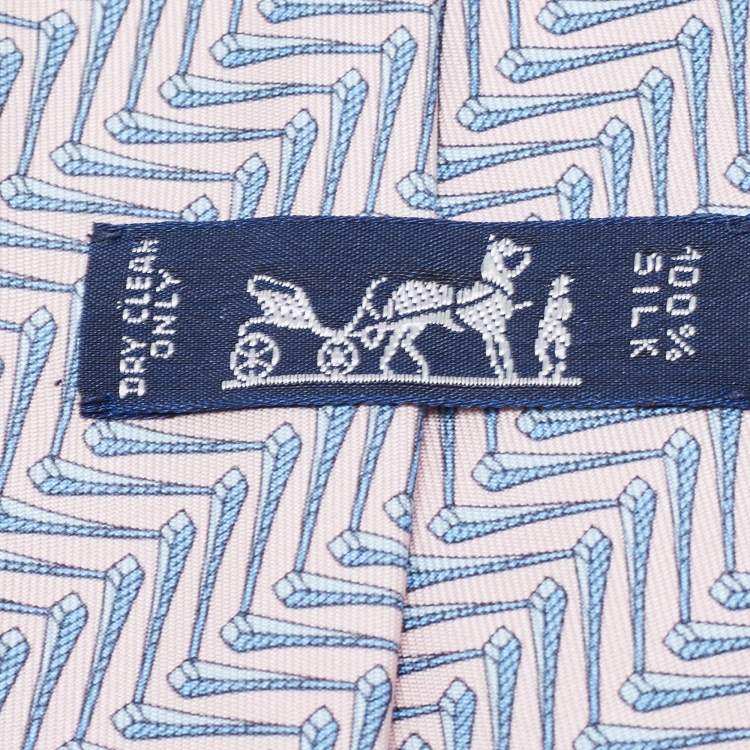 Pre Owned Hermes Light Pink/Blue Geometric Print Silk Traditional Tie 