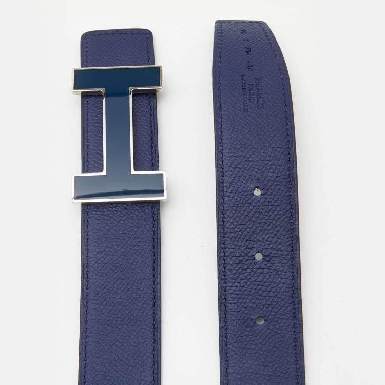 Pre Owned Hermes Bleu Saphir/Noir Epsom and Swift Leather Quizz H Reversible Belt 95 CM