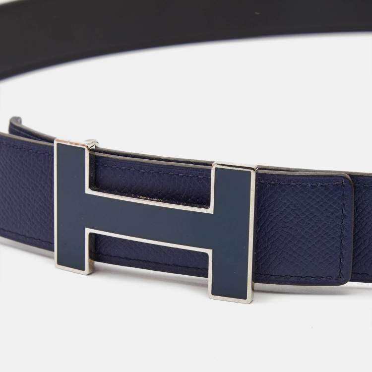 Pre Owned Hermes Bleu Saphir/Noir Epsom and Swift Leather Quizz H Reversible Belt 95 CM
