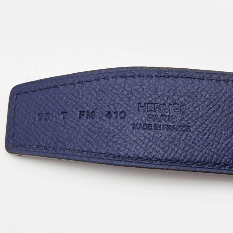 Pre Owned Hermes Bleu Saphir/Noir Epsom and Swift Leather Quizz H Reversible Belt 95 CM