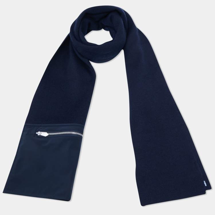 Pre Owned Hermes Navy Blue Cashmere Blend Nylon Pocket Detailed Just In Case Muffler  