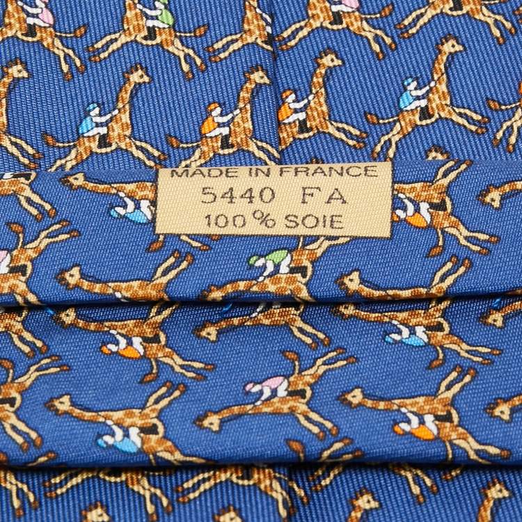 Pre Owned Hermes Navy Blue Sophie Giraffe Print Silk Tie