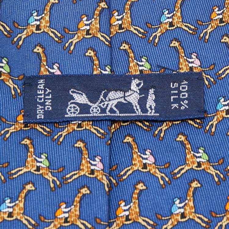 Pre Owned Hermes Navy Blue Sophie Giraffe Print Silk Tie