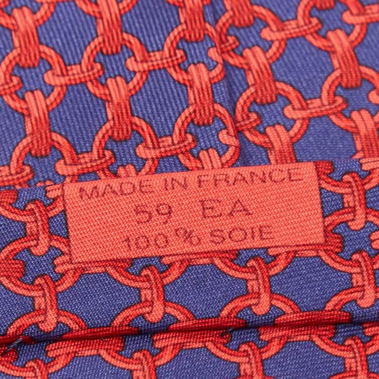 مملوكة مسبقًا Hermes Navy Blue/Red Chain Link Print Silk Traditional Tie