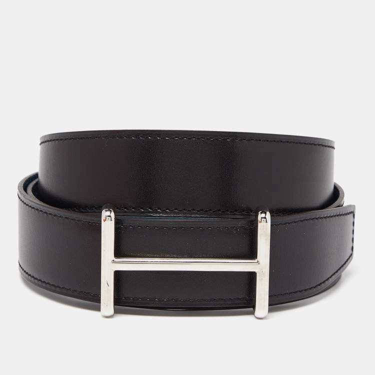 Pre Owned Hermes Noir/Bleu de Presse Chamonix and Togo Leather Idem H Buckle Reversible Belt 95 CM