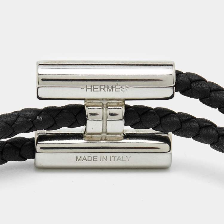 Pre Owned Hermes Turnis Braid Leather Black Silver Tone Bracelet