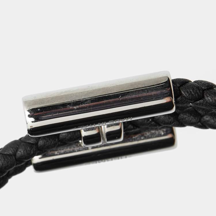 Pre Owned Hermes Turnis Braid Leather Black Silver Tone Bracelet