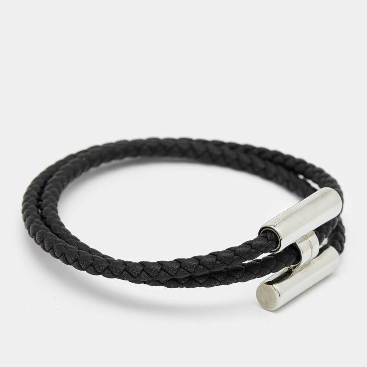 Pre Owned Hermes Turnis Braid Leather Black Silver Tone Bracelet