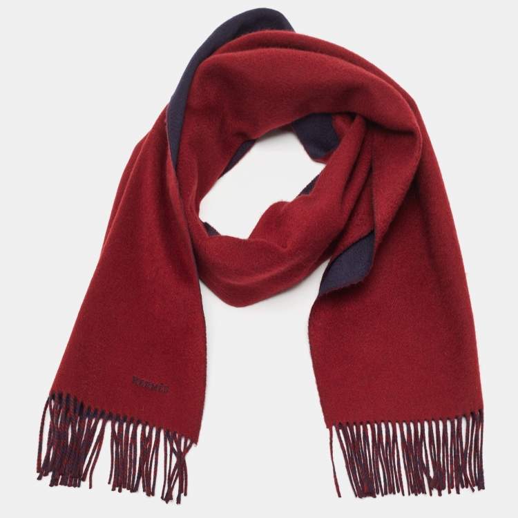 Pre Owned Hermès Red/Navy Blue Cashmere Fringed Muffler