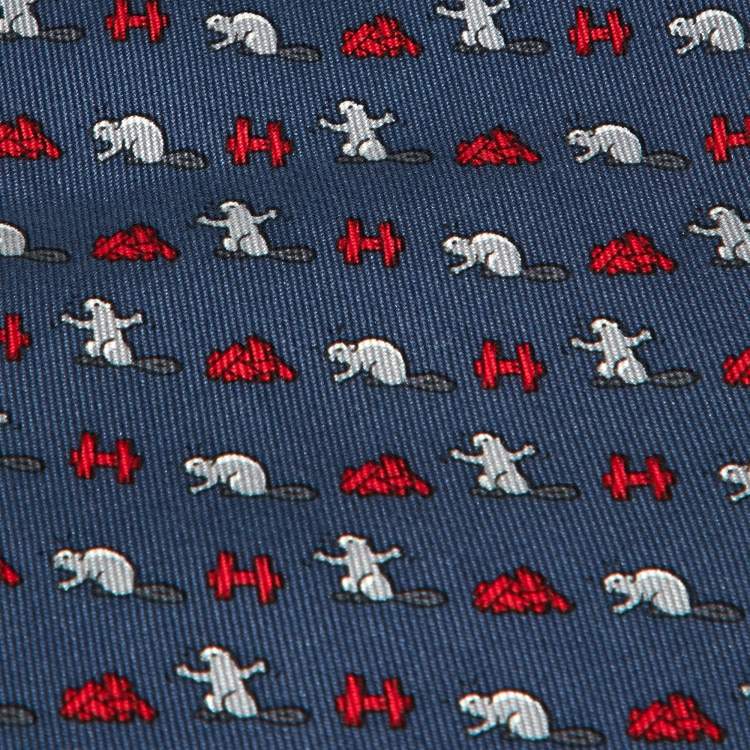 Pre Owned Hermès Blue Beaver Castor Construction Print Silk Tie