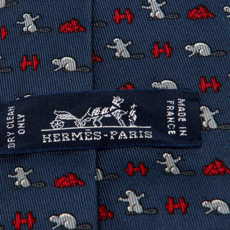 Pre Owned Hermès Blue Beaver Castor Construction Print Silk Tie