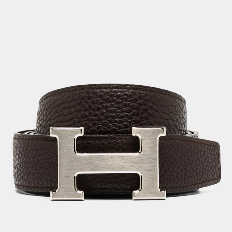 Pre Owned Hermes Black/Chocolate Box Calf and Clemence Leather Reversible H Buckle Belt 95CM