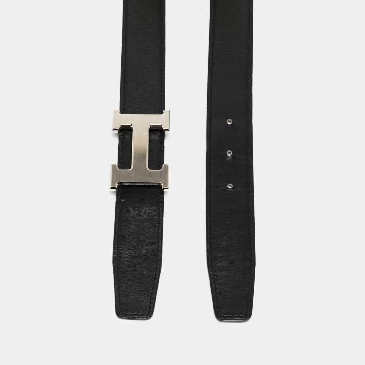 Pre Owned Hermes Black/Chocolate Box Calf and Clemence Leather Reversible H Buckle Belt 95CM