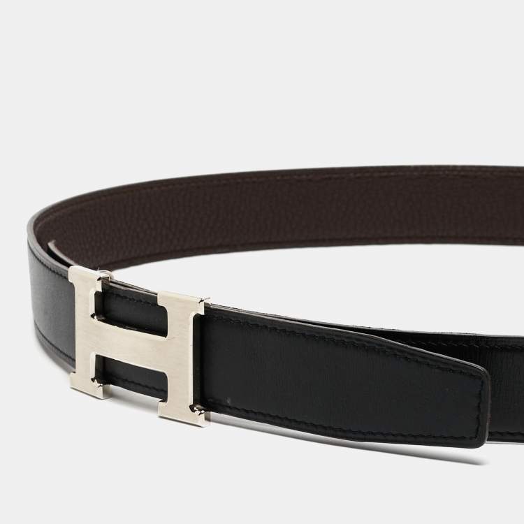 Pre Owned Hermes Black/Chocolate Box Calf and Clemence Leather Reversible H Buckle Belt 95CM