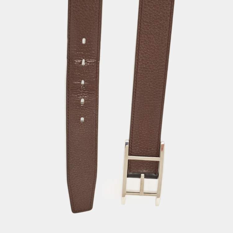 Pre Owned Hermes Noir/Chocolat Chamonix and Togo Leather Hapi Reversible Belt 95 CM