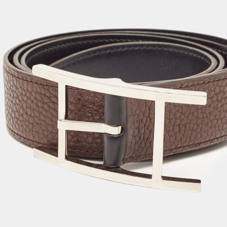 Pre Owned Hermes Noir/Chocolat Chamonix and Togo Leather Hapi Reversible Belt 95 CM