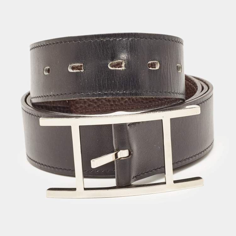 Pre Owned Hermes Noir/Chocolat Chamonix and Togo Leather Hapi Reversible Belt 95 CM