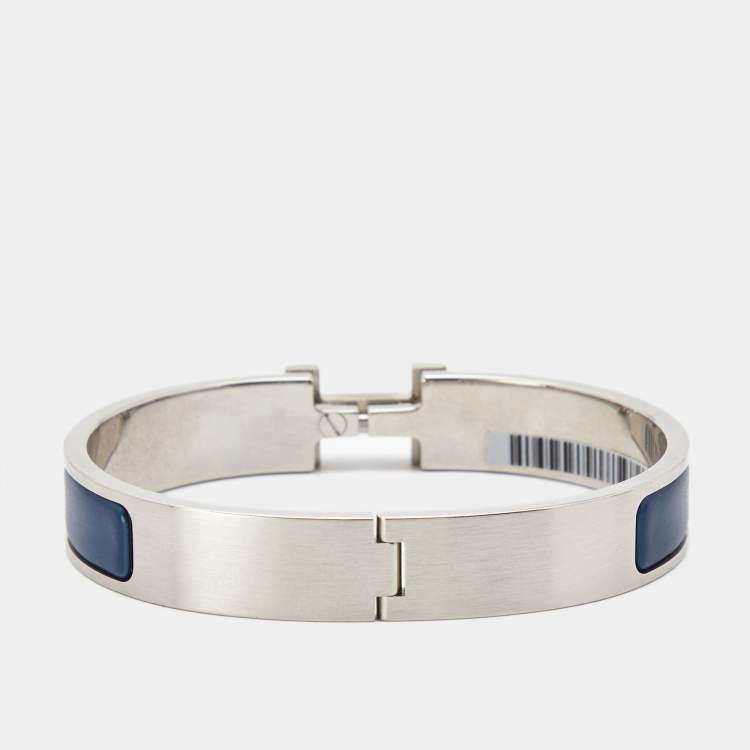 Pre Owned Hermes Clic H Blue Enamel Palladium Plated Bracelet