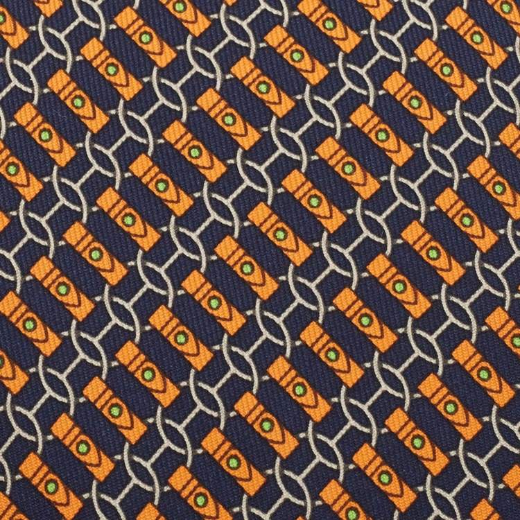 Pre Owned Hermes Navy Blue/Orange Chain Link Print Silk Tie