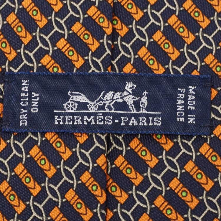 Pre Owned Hermes Navy Blue/Orange Chain Link Print Silk Tie