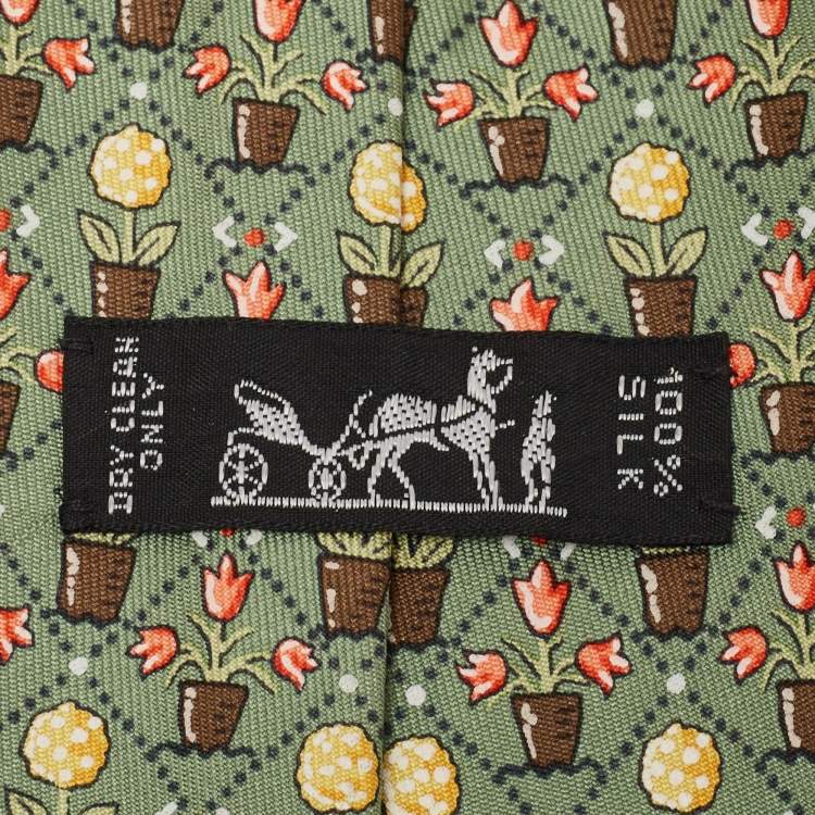Pre Owned Hermes Green Flower Pot Print Silk Tie