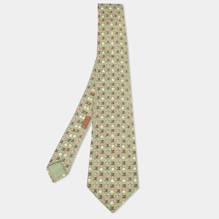 Pre Owned Hermes Green Flower Pot Print Silk Tie