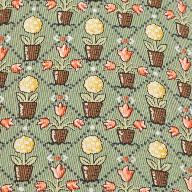 Pre Owned Hermes Green Flower Pot Print Silk Tie
