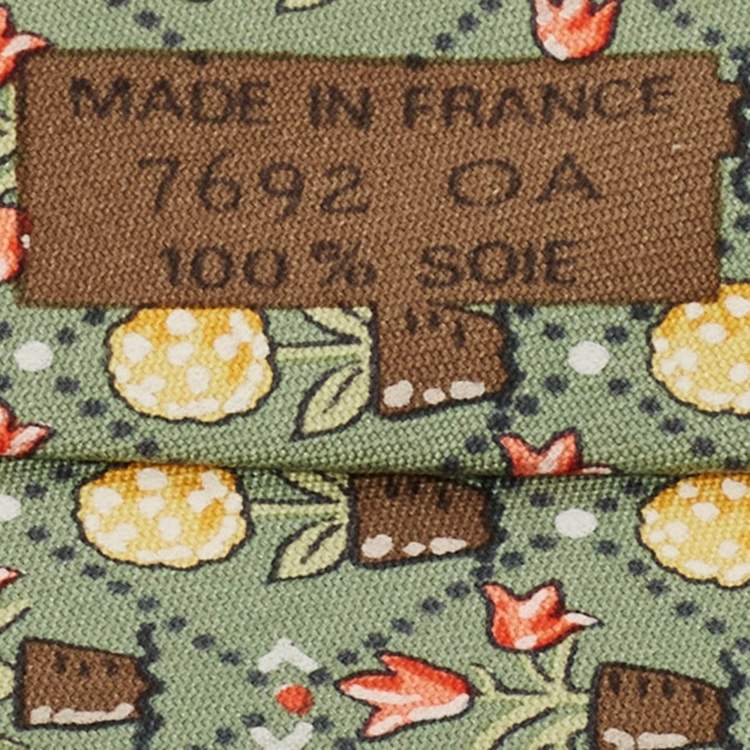 Pre Owned Hermes Green Flower Pot Print Silk Tie