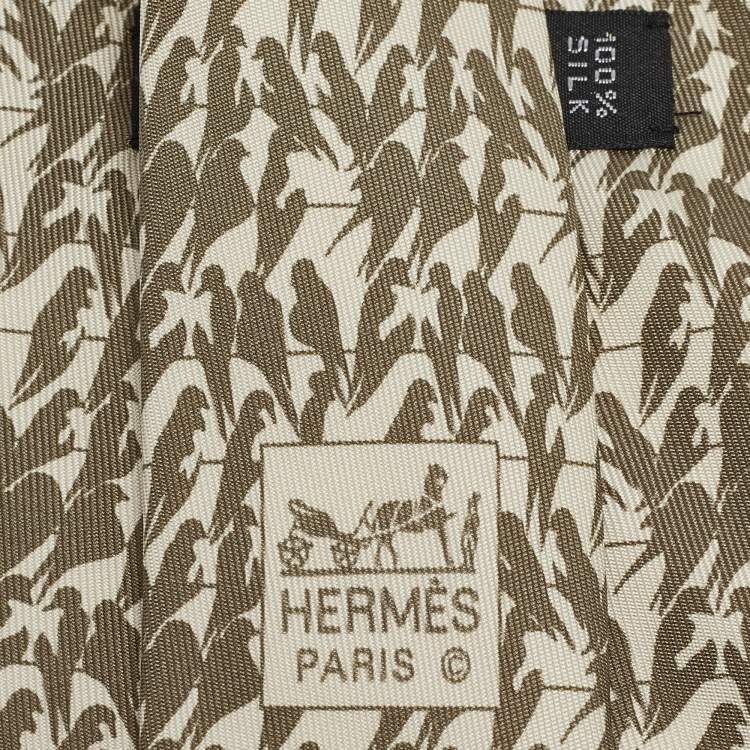 Pre Owned Hermès Green Birds Print Silk Traditional Tie