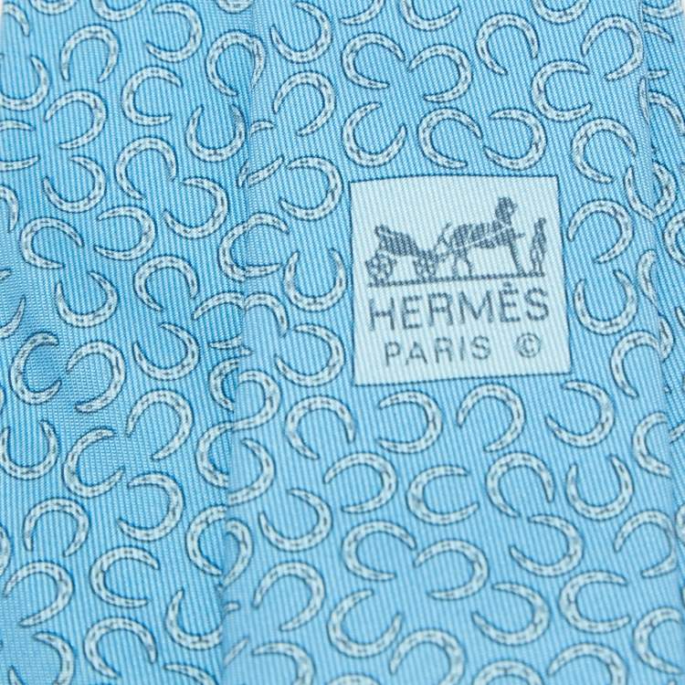 Pre Owned Hermès Blue Horseshoe Print Silk Traditional Tie