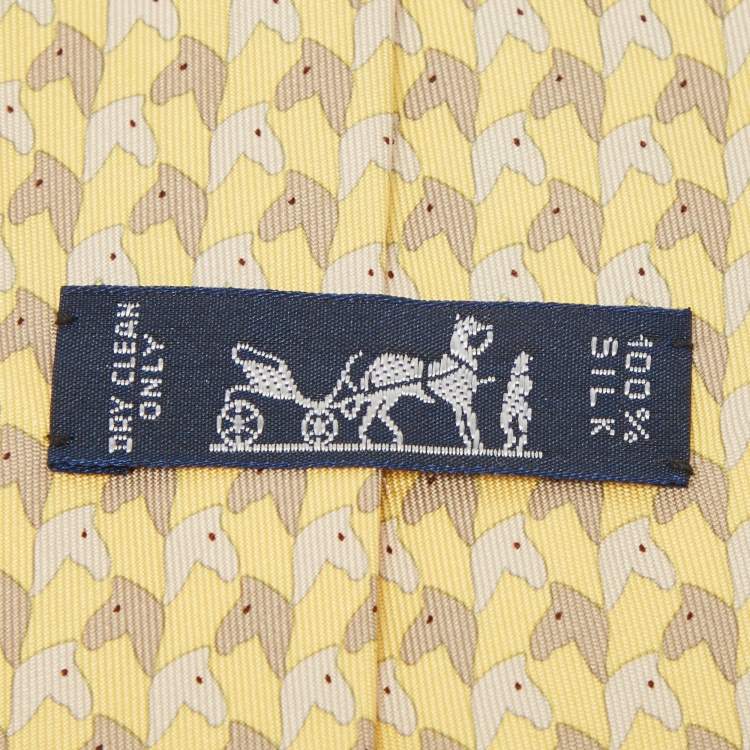 Pre Owned Hermès Yellow Horse Print Silk Traditional Tie