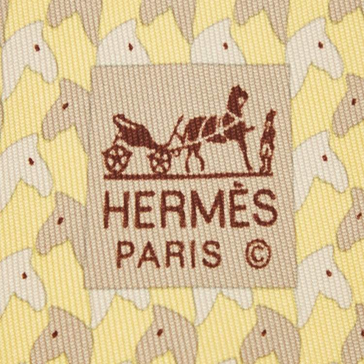 Pre Owned Hermès Yellow Horse Print Silk Traditional Tie