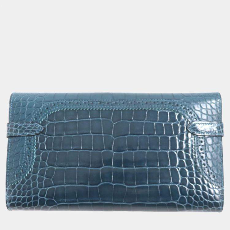 Pre Owned Hermes Kelly Wallet Alligator Crocodile Green Leather
