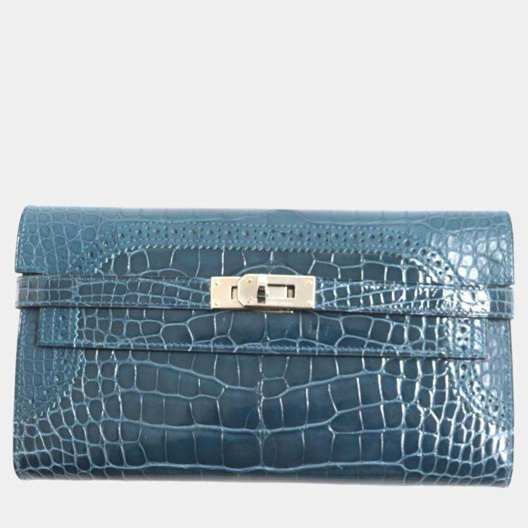 Pre Owned Hermes Kelly Wallet Alligator Crocodile Green Leather