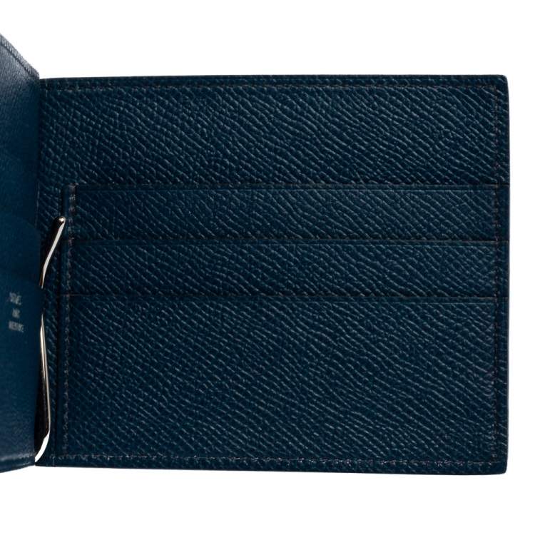 Pre Owned Hermes Blue Thalassa Epsom Leather Poker Compact Wallet