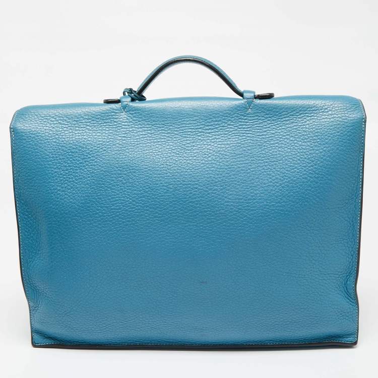 Pre Owned Hermes Bleu Jean Clemence Leather Sac a Depeches 38 Briefcase
