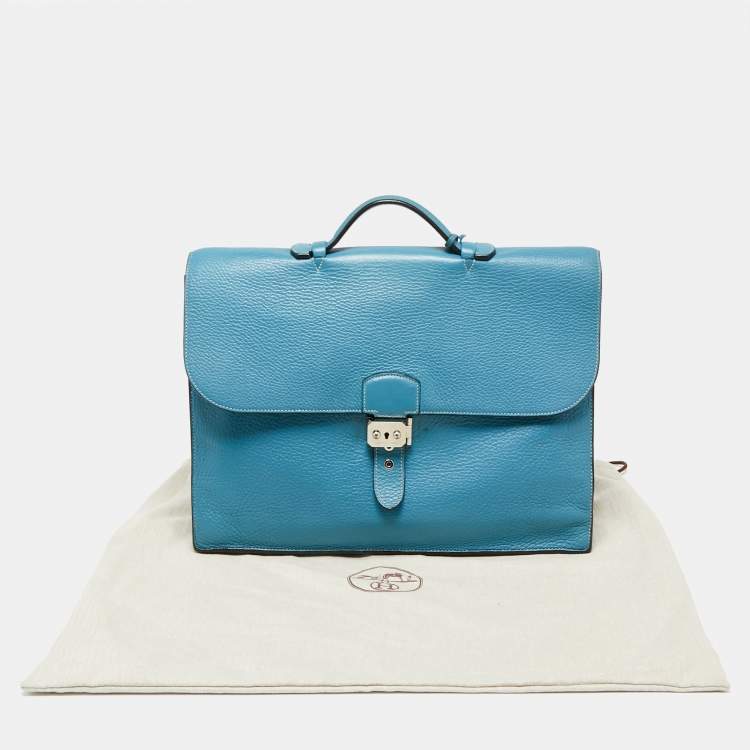 Pre Owned Hermes Bleu Jean Clemence Leather Sac a Depeches 38 Briefcase